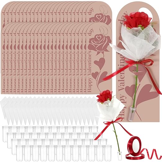 Eaasty 48 Set Valentine's Day Themed Single Rose Card Sleeve Gift Packaging Flower Holder with Floral Water Tubes Ribbon Floral Tissue Paper for Rose Packing