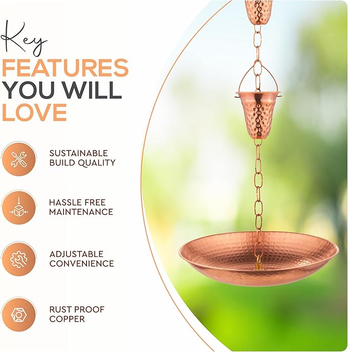 Copper Anchoring Basin – Hammered Metal Bowl for Rain Chain Downspout Gutters – Beautiful Decorative Fountain Dish Display for Outdoor Garden, Lawn & Patio Water Feature – 11” Wide x 2” High
