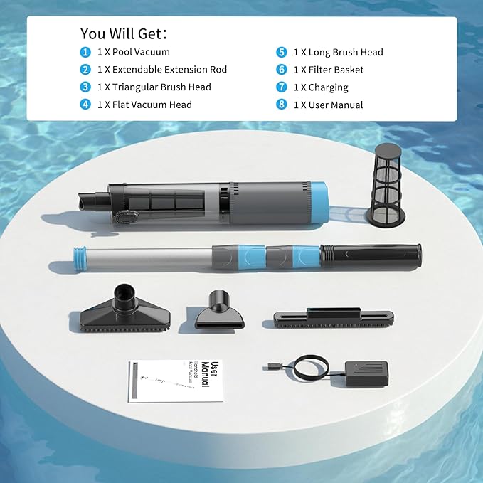 VERVEWAVE Handheld Hot Tub Vacuum, Cordless Small Pool Vacuum for Above Ground Pool with 3 Brush Heads & LED Light, Rechargeable Spa Vacuum Up to 90Mins Runtime, Ideal for Cleaning Small Debris Types