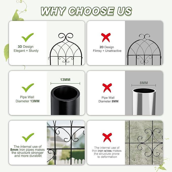 YOBAZAN 4 Pack 71x19.7in Rustic Iron Arch Decoration Garden Trellis with Black Metal Coating – Perfect for Supporting Climbing Plants Outdoor, Roses, Vines, Flowers, and Vegetables.