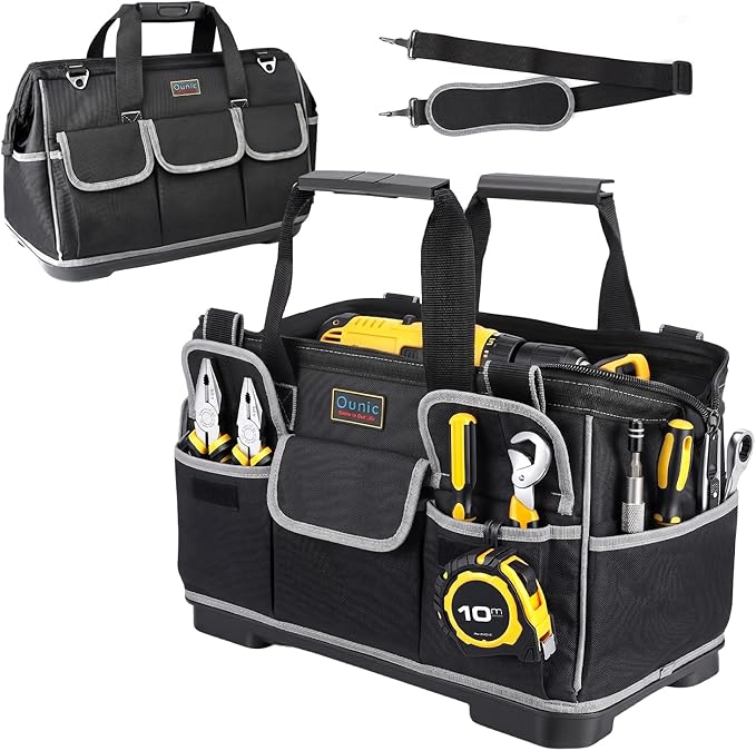Tool Bag, Ounic 18 Inch Large Tool Tote Bag Heavy Duty With Waterproof Molded Base, Wide Mouth Tool Box Organizer with Adjustable Shoulder Strap for Electrician Mechanic Craftsman Plumbers(Black)