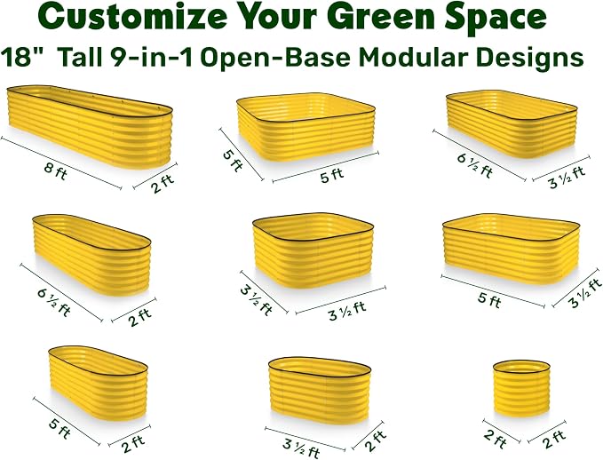 9-in-1 Galvanized Steel Raised Garden Bed // 8×2×1.5 ft Modular Planter for Gardening, Vegetables, Flowers // 18" Tall Metal Raised Garden Beds Outdoor (Yellow) // Patented Design Planter Box