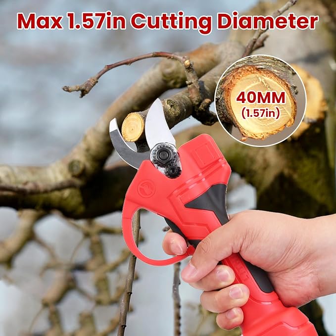 Electric Pruning Shears, 40mm Cordless Power Pruner 21V, 1.6" Tree Branch Cutter with 2PCS 6000mAh Rechargeable Batteries, Replacement Blades Set & Carry Box
