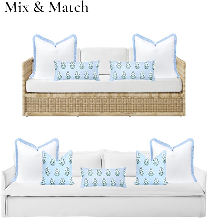 Hofdeco Premium Coastal Grandmillennial Patio Indoor Outdoor Lumbar Pillow Cover Only, 12"x26" Water Repellent for Backyard, Couch, Poolside, Baby Blue Green Print Flower