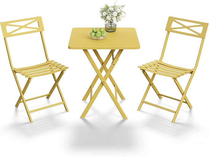 GarveeTech 3-Piece Folding Bistro Set, Heavy Duty Outdoor Patio Furniture with 2 Chairs & 1 Table, Weather-Resistant Steel Frame, No Assembly Required for Garden, Yard, Balcony,Yellow