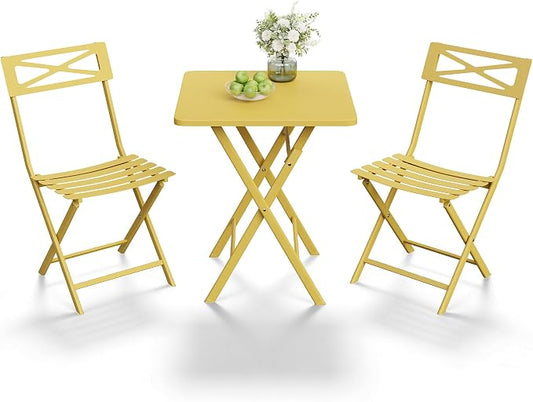 GarveeTech 3-Piece Folding Bistro Set, Heavy Duty Outdoor Patio Furniture with 2 Chairs & 1 Table, Weather-Resistant Steel Frame, No Assembly Required for Garden, Yard, Balcony,Yellow