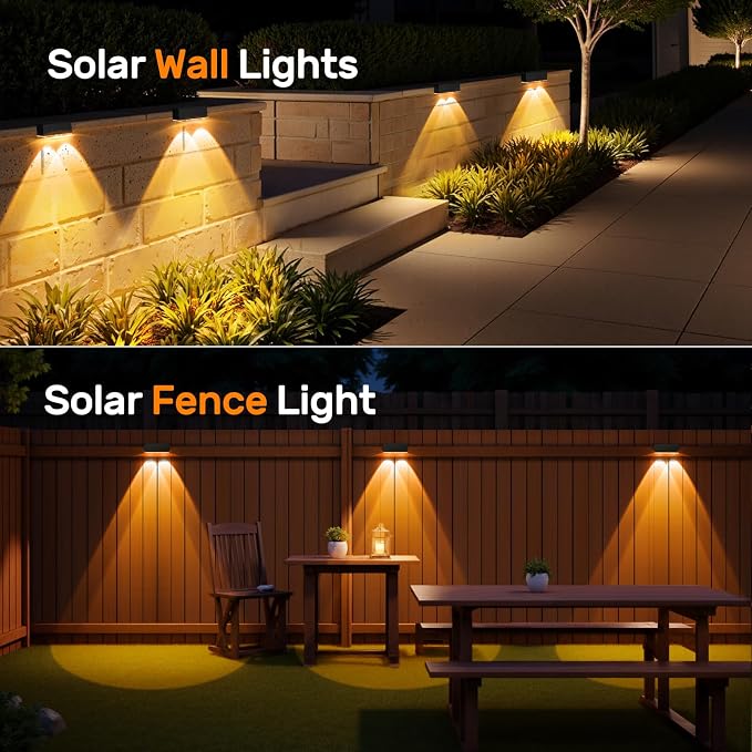NIORSUN 12 Pack Solar Fence Lights, LED Outdoor Lights, Warm White + RGB, IP45 Waterproof, Black