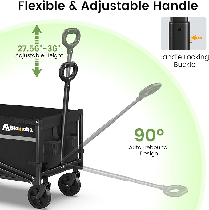 Blomoba Collapsible Wagon Cart, Flexible Handle, Portable Collapsible Wagon with All-Terrain Wheels 360° Rotation, 220LBS Heavy Duty Utility Cart for Garden Camping Grocery Sports Shopping Beach