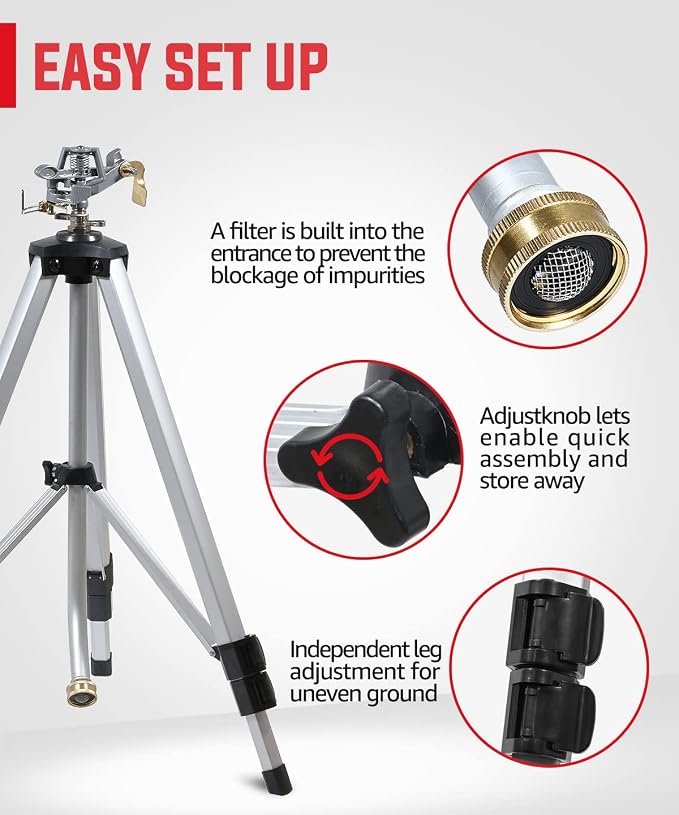 YAMATIC Impact Sprinkler on Adjustable Tripod Base, Garden Hose Quick Connect Water Hose Fittings - 3/4" Thread