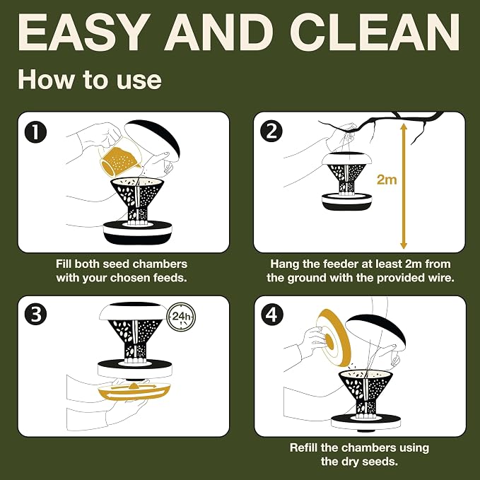 SWISSINNO Bird Feeders - No Mess Hanging Bird Feeder for Outdoors - Smart Birds Davos Spill Proof Wild Cardinal & Small Bird Feeder with Integrated Seed Catcher Tray - Dual Chamber - Green