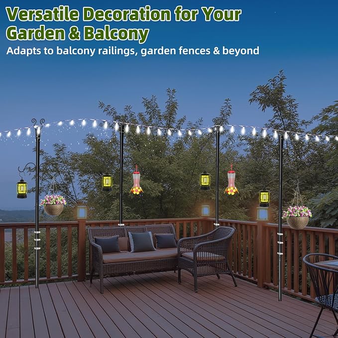 6 Pack Outdoor Patio Light Poles for String Lights, 10Ft Heavy Duty Metal String Light Poles with Shepherds Hooks for Hanging Plant & Bird Feeder, Deck Pole for Outdoor Strings Lights