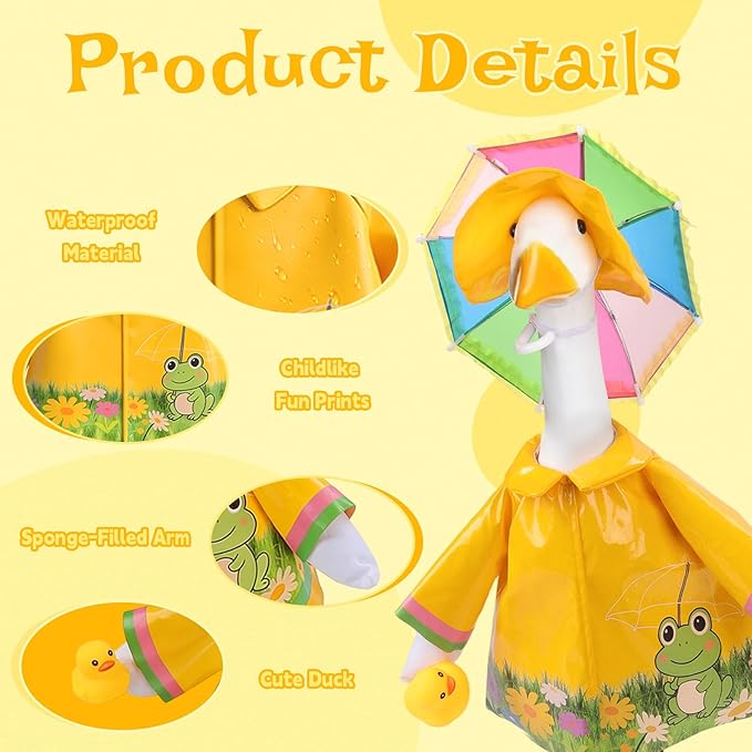 GJL Porch Goose Raincoat Outfit Fits 23 Inch Plastic Cement Goose Statue, Lawn Goose Clothes Set with Umbrella and Hat for Spring Summer Outdoor Yard Garden Decor