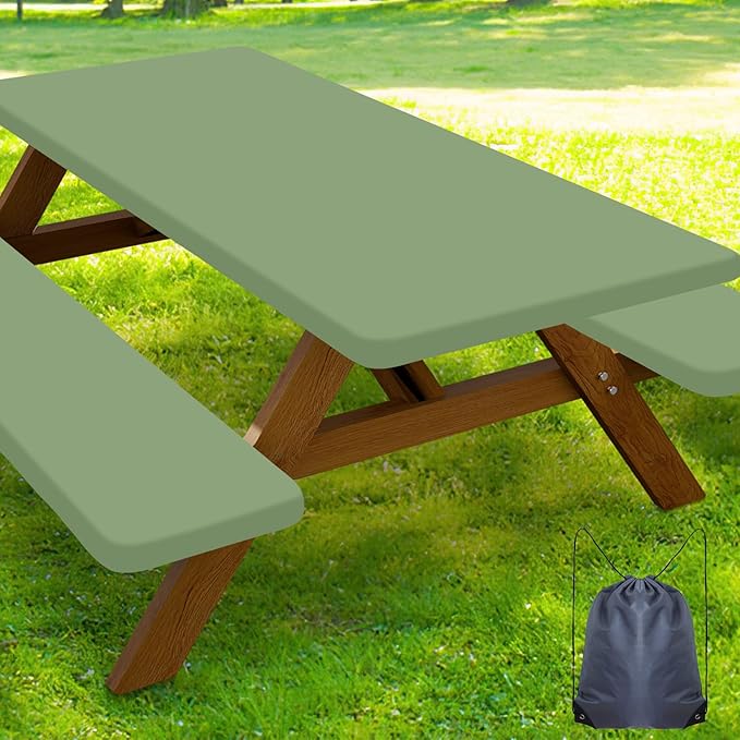 Smiry Picnic Table Cover with Bench Covers, Waterproof Elastic Fitted Polyester Tablecloths for 5 Ft Rectangle Tables, Washable Windproof Tablecloth for Outdoor, Camping (Sage Green, 30x60 Inches)