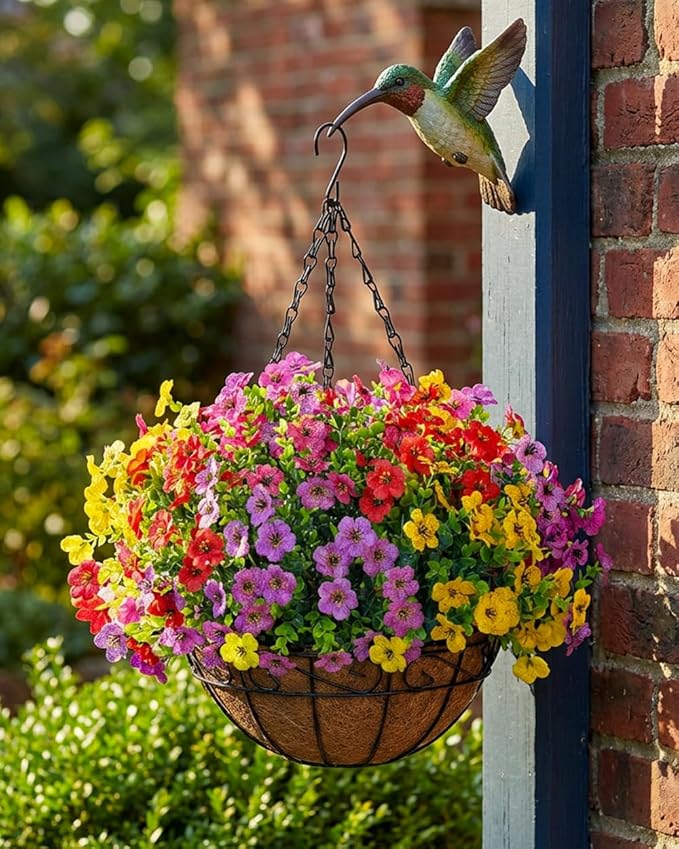 TDHDIKE Artificial Faux Fake Hanging Flowers Plants Basket for Summer Outdoor Outside Decoration UV Resistant Fake Silk Colorful Daisy Eucalyptus for Porch Patio Balcony Yard Garden Home Decor