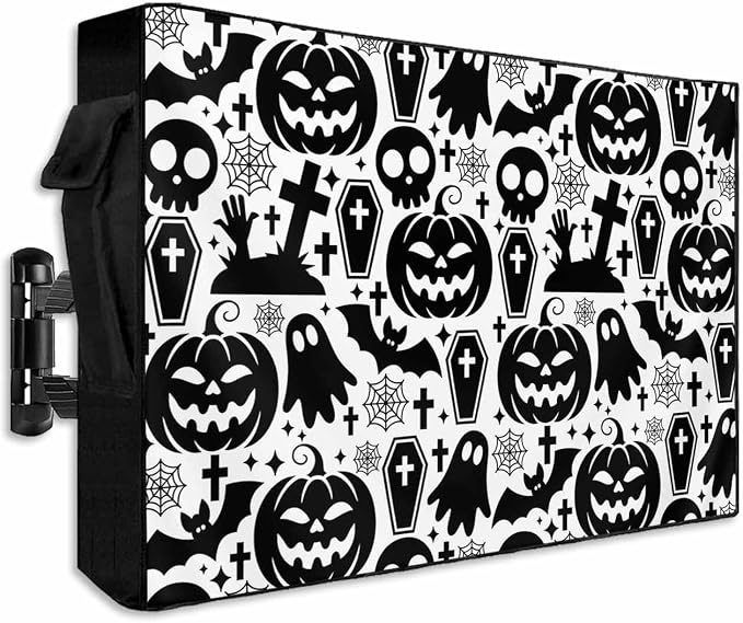 Outdoor TV Cover for Outside Flat Screen,Halloween Horror Skull Pumpkin Ghost,600D Thick Waterproof Weatherproof Outdoor TV Screen Protector with Zipper for 30 to 32 Inch Flat Screens