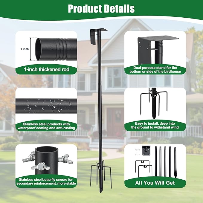 Bird House Pole, 75" Heavy Duty Adjustable Bird Feeder Stand with 5-Pronged Base for Birdhouse Mounting, Weather Station, Outdoor, Yard, Garden