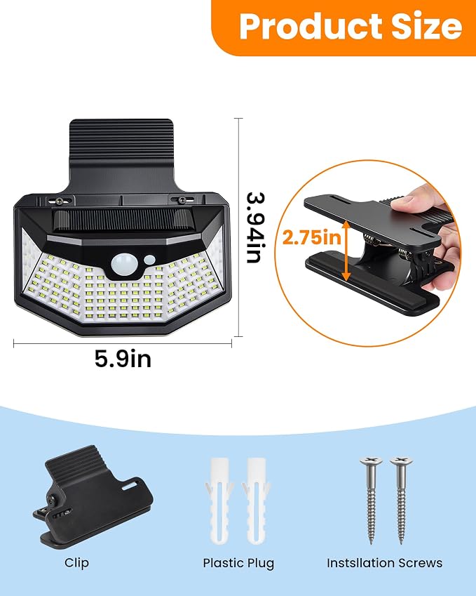 Clip on Solar Lights Outdoor, 115 LED 800LM Solar Motion Lights Outdoor with 300° Wide Angle & 3 Modes, IP65 Waterproof Outdoor Security Lights for Fence, Yard, Garden