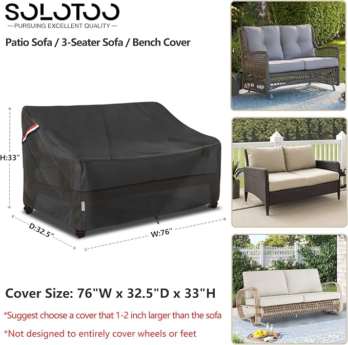 Outdoor Couch Cover Waterproof Heavy Duty Patio Furniture Covers, 76W x 32.5D x 33H Inches 3 Seater Outdoor Sofa Cover (Black)