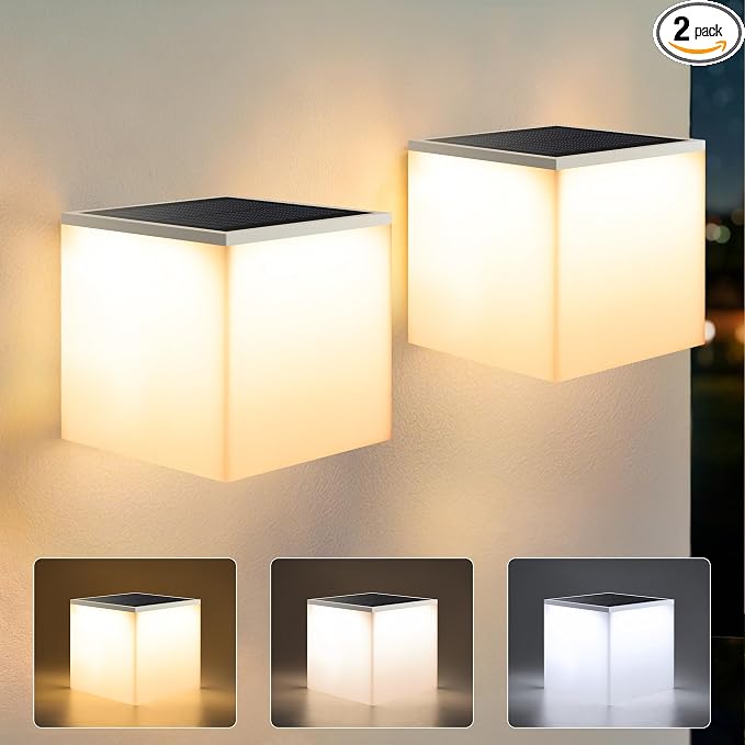 Flacchi Solar Wall Lights 2 Pack - 32 LED Dual-Color (Warm White/Cool White) Solar Cube Light Outdoor Wall/Table Lamp Waterproof Solar Powered Lighting for Patio Garden Balcony
