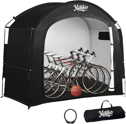 Bike Storage Tent, Outdoor Shed with Thick Waterproof Fabric, 30% More Top Space, Fits 2/3/4/5 Bikes or Tricycles, Easy Setup, Portable Cover for Garden Tools & Motorcycles(Black)