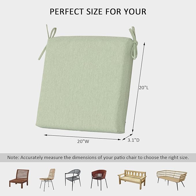 Outdoor Chair Cushions Set of 4,350GSM Fabric,Water-Resistant UV Resistant Weather Resistant with YKK Zippers, Square Corner Patio Chair Cushions with Ties, 20"x20"x3.1",Sage
