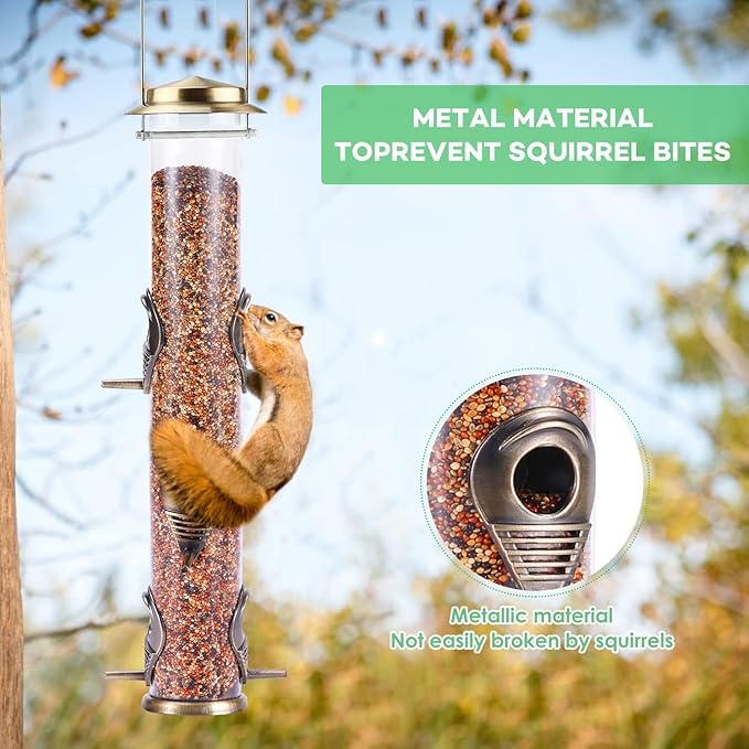 MIXXIDEA 1PK Metal Bird Feeders with 6 Feeding Ports,Tube Bird Feeder with Steel Hanger,Hard Plastic Wild Bird Feeder for Outdoors Hanging, Attracting Birds in Your Lawn, Garden, Balcony–Bronze
