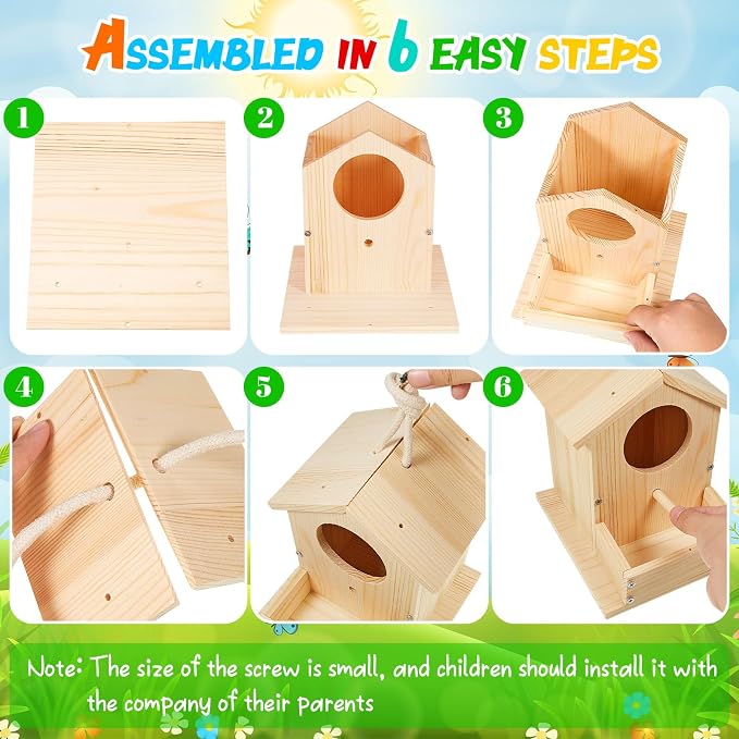 Liliful 8 Pack DIY Wooden Birdhouse Kit, Crafts for Kids and Adults, Bird House with Paint and Paintbrushes Painting Kits for Boys and Girls, Spring Birthday Classroom Gifts for Ages 4-8