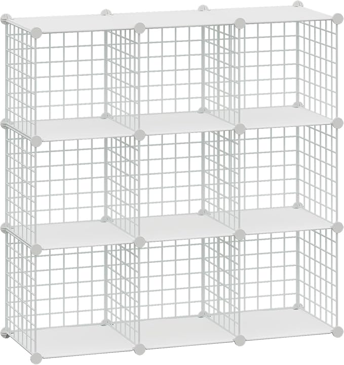 HUBSON Wire Cube Storage Organizer, Book/Toy/Craft/Potted Plants and petCloset Organizers and Storage Shelves, 9-Cube Freely Combinable Metal Grids Storage Shelf,White Plus Iron