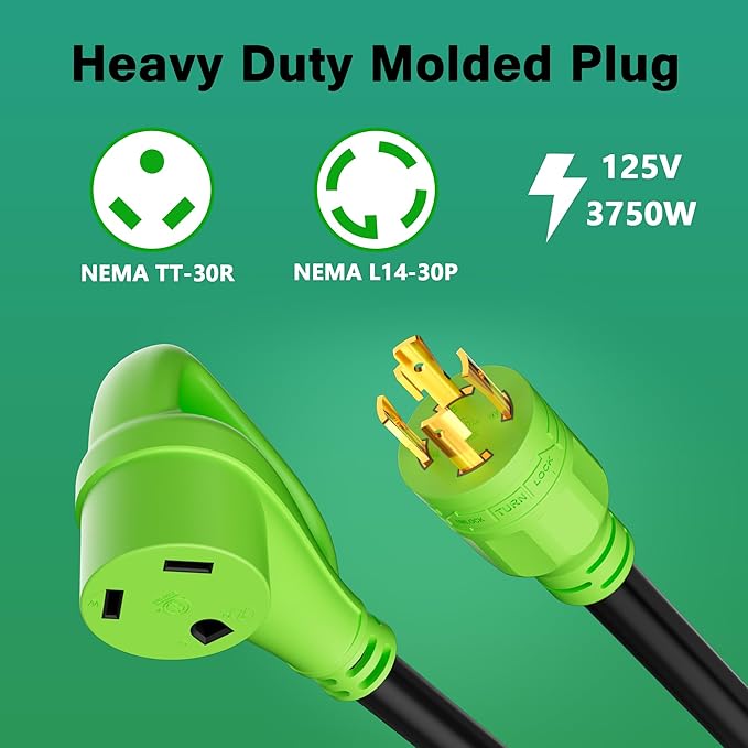 4 Prong 30 Amp RV Generator Adapter Cord, Generator to RV Adapter, NEMA L14-30P Twist Lock Male to NEMA TT-30R Female with Handle, STW, 10AWG, Power Cord for Generator to RV Trailer Camper, 1FT