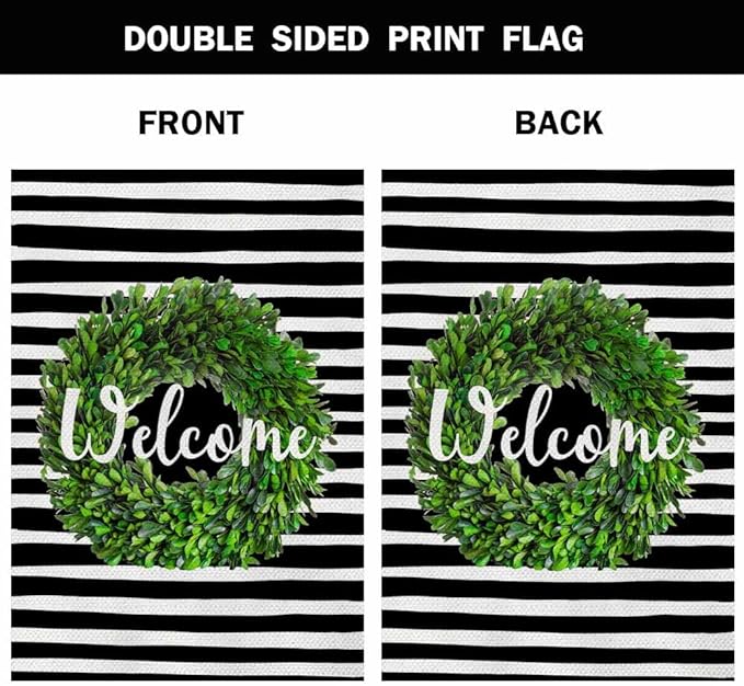 AOYEGO Boxwood Wreath Welcome House Flag 28 x 40 Inch Large Vertical Double Sided Black and White Stripes Background Seasonal Outside Décor for Garden Yard Farmhouse Flags