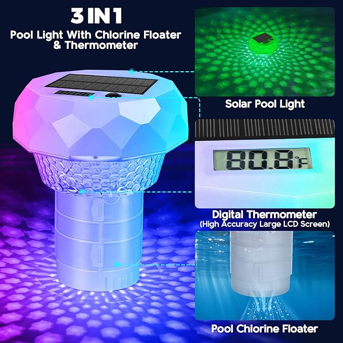 Solar Pool Chlorine Floater, Pool Light that Float With Thermometer, Remote, 8 Lighting, Timing Mode, IP68 Waterproof, Floating Chlorine Tablet Dispenser for Pool, Spa Bathtub, Hot Tub, Pond Decor