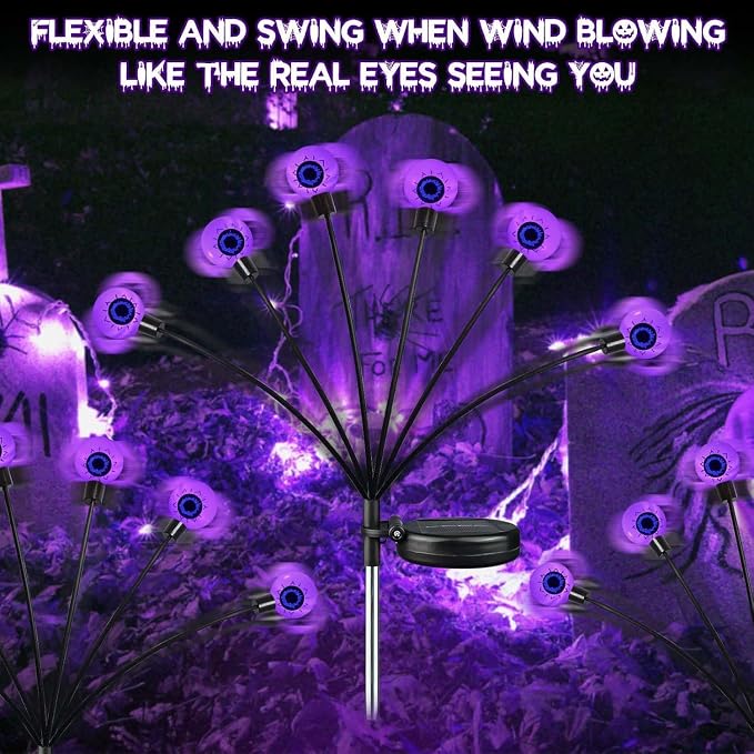 Solar Halloween Decorations Outdoor 4 Pack 24LED Purple Solar Eyeball Light | Newly 3-Tier Design, 2 Lighting Modes, Auto ON/OFF, IP65 Waterproof, Firefly Lights for Walkway Yard Lawn Garden Horror Party
