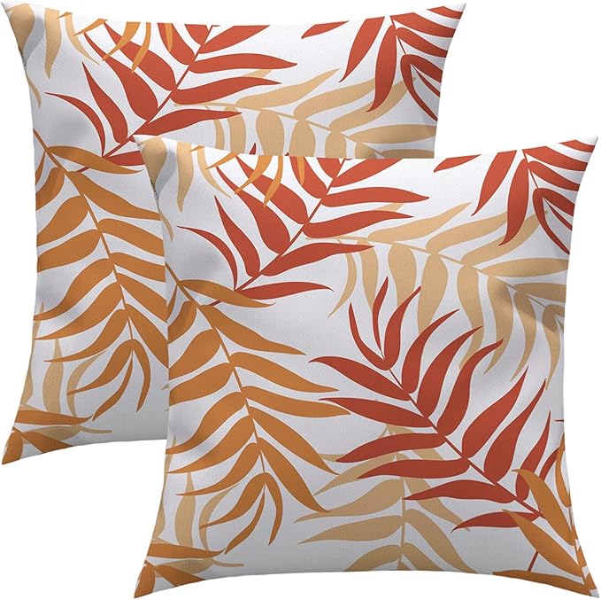 MIULEE Pack of 2 Decorative Outdoor Waterproof Throw Pillow Covers Patio Pillow Cases Natural Leaves Pattern Square Cushion Shams Shell for Garden Balcony Couch 18x18 Inch, Orange