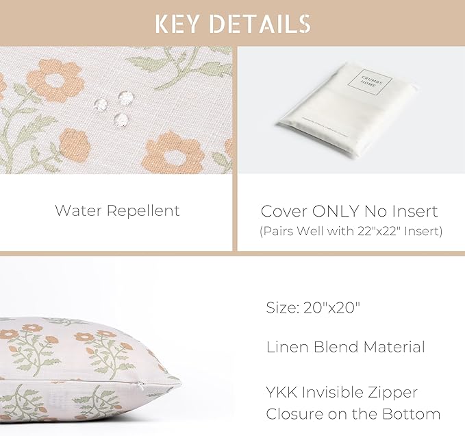 Crumbs Home Modern Farmhouse California Casual Indoor Outdoor Throw Pillow Cover, 20"x20" Water Repellent for Patio, Backyard, Couch, Poolside, Ivory Cream Tan Green Print Block Painting Flowers