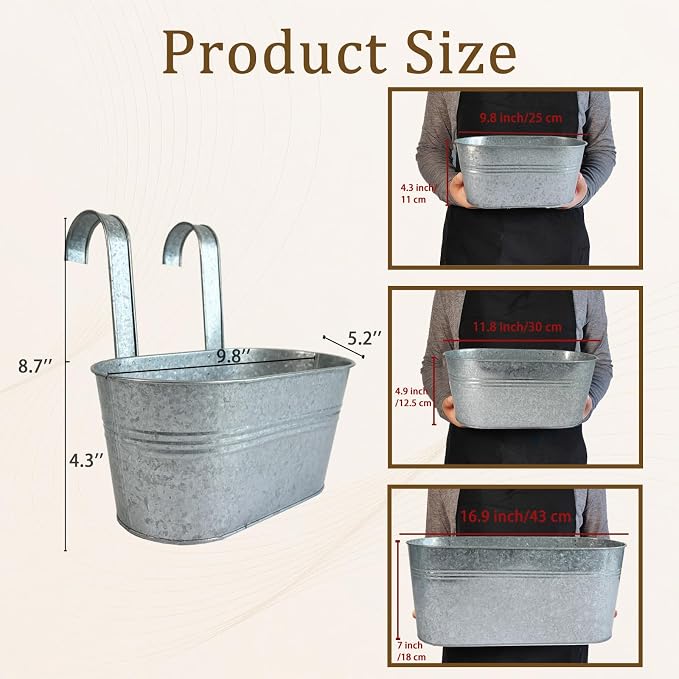 Balcony Galvanized Hanging Planters Railing Flower Pots, Outdoor Metal Fence Planter Pot with Detachable Hooks Drain Hole for Garden Patio Yard Decor (10 Inch, 8Pcs)