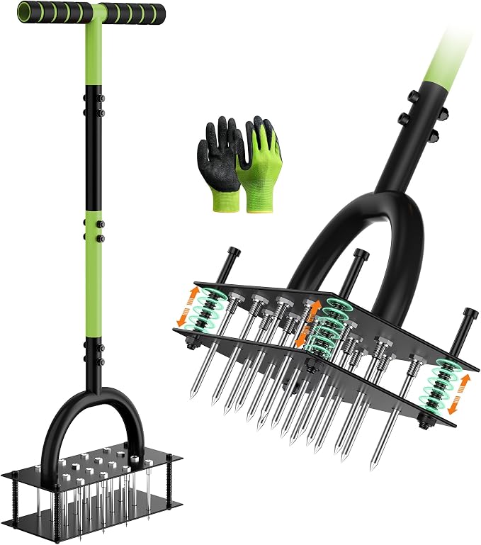 Grenebo Lawn Aerator Manual Aerator Lawn Tool with 16 Spikes, Metal Grass Aerator for Yard, Lawn Aeration, Automatic Soil Ejection, Pre-Assembled Lawn Aerator Tool (Black Green)