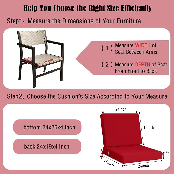 idee-home Outdoor Chair Cushions for Patio Furniture, Outdoor Seat Cushion | Waterproof Hampton Bay Deep Seat Replacement Couch Cushions for Garden Lawn Backyard Deck 24 x 26 Red