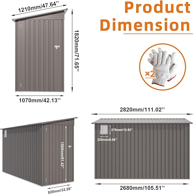 YOPTO 4x9 FT Outdoor Storage Shed,Lean to Metal Shed W/Window,All Weather Waterproof Garden Storage Shed W/ 6 Air Vents & 1 Lockable Door,Weatherproof Tool House W/Sloped Roof,for Lawn,Gray