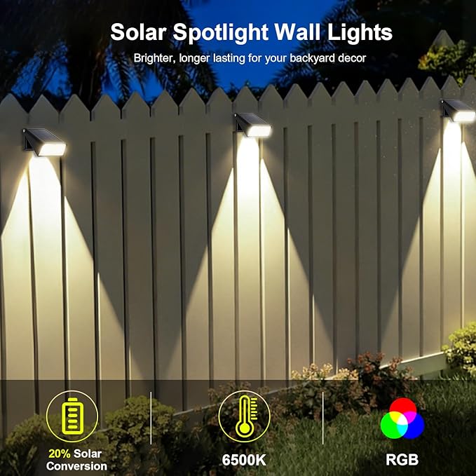 EMANER Solar Deck Lights Outdoor RGBW Solar Fence Lights Waterproof, 3000mAh 20Hrs+ Stay On Dusk to Dawn Solar Powered Wall Lights Address Light for Garden, Yard, Driveway, Patio, 4th of July (2Pack)