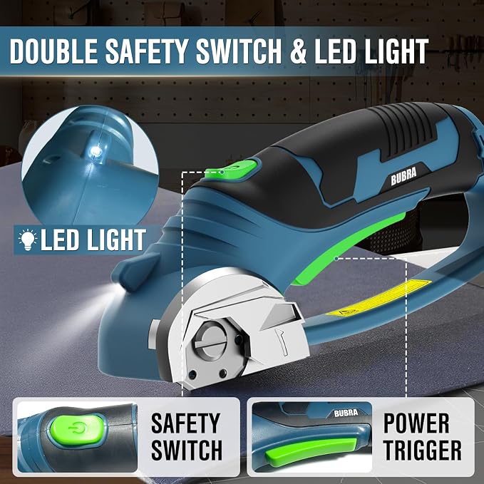 Cordless Electric Scissors 4V Rechargeable Cardboard Cutter with 4 SK5 Blades, 2000mAh Battery, LED Light, Electric Box Cutter 1/3” Cutting Capacity Power Cutter for Fabric Carpet Leather - Blue