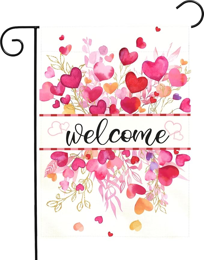 Valentines Day Garden Flag Welcome Heart Design Double Sided Yard Banner Romantic Red Pink Love Hearts House Flag for Porch Patio Lawn Farmhouse Wedding Anniversary Party Decor 12x18 Inch