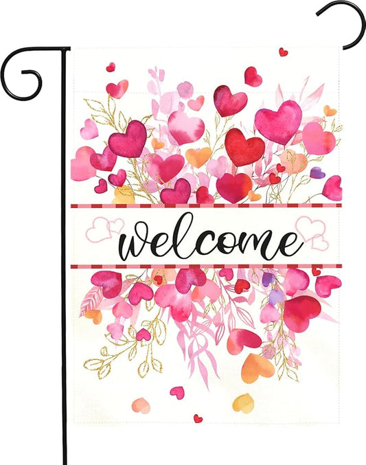 Valentines Day Garden Flag Welcome Heart Design Double Sided Yard Banner Romantic Red Pink Love Hearts House Flag for Porch Patio Lawn Farmhouse Wedding Anniversary Party Decor 12x18 Inch