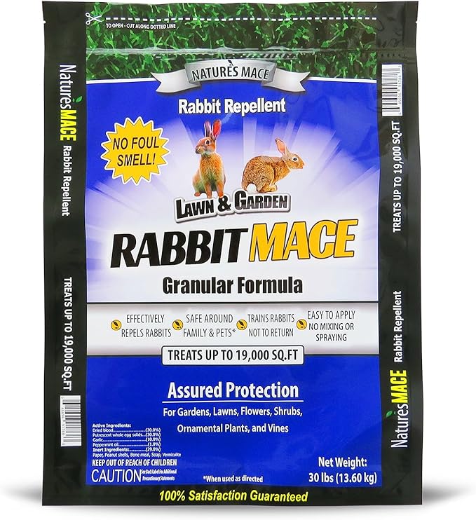Nature's MACE Rabbit MACE Granules, Rabbit Repellent for Gardens, Lawns, Farms & Landscapes, Treats 19,000 sq ft, Granular Deterrent, 30 Pounds, All-Season Use, Safe for Pets, Children, and Plants