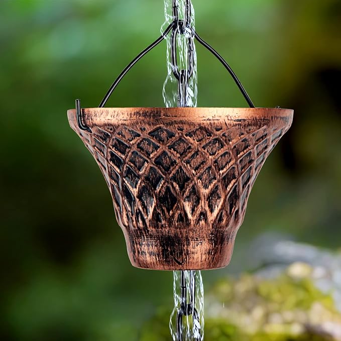 Rain Chains for Gutters Outside 8.5FT Copper Rain Catcher Chain with 12 Cups Decorative Replacement for Downspout