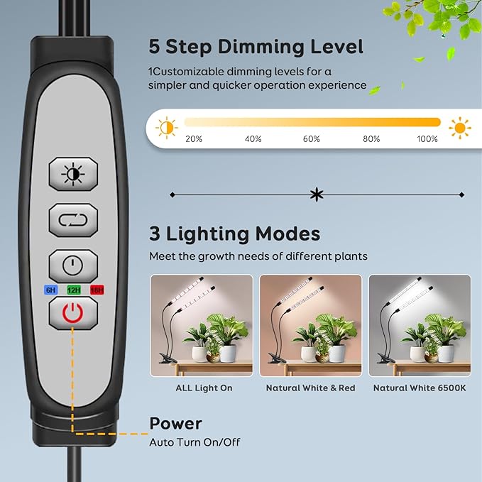 SDOVUERC Full Spectrum 2026 Grow Lights for Indoor Plants, Dual Head Clip Plant Lights with 6/12/18H Timer,3 Light Modes,5 Dimming Level for Seed Starting(Pack 2)