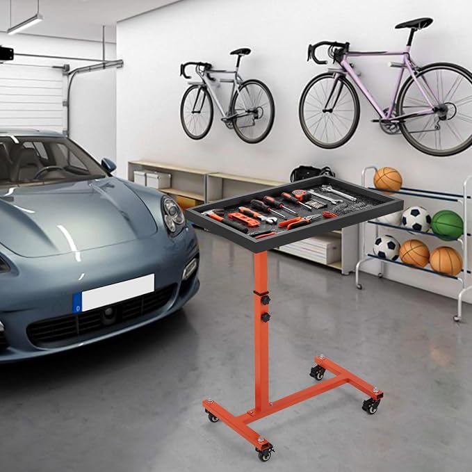 OLBRUS Adjustable Work Table with Wheels, Mechanic Rolling Tool Tray Table for Garage Repair Shops DIY, 220LBS Capacity Mobile Heavy Duty Steel Tool Cart (Orange)