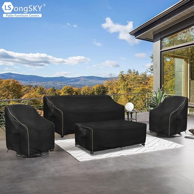 Patio Furniture Covers 4 Piece Set, 600D Heavy Duty Outdoor Furniture Covers Waterproof for Patio 3-Seater Sofa,Swivel Rocker Chair and Coffee Table Furniture Set,Black,X-Large