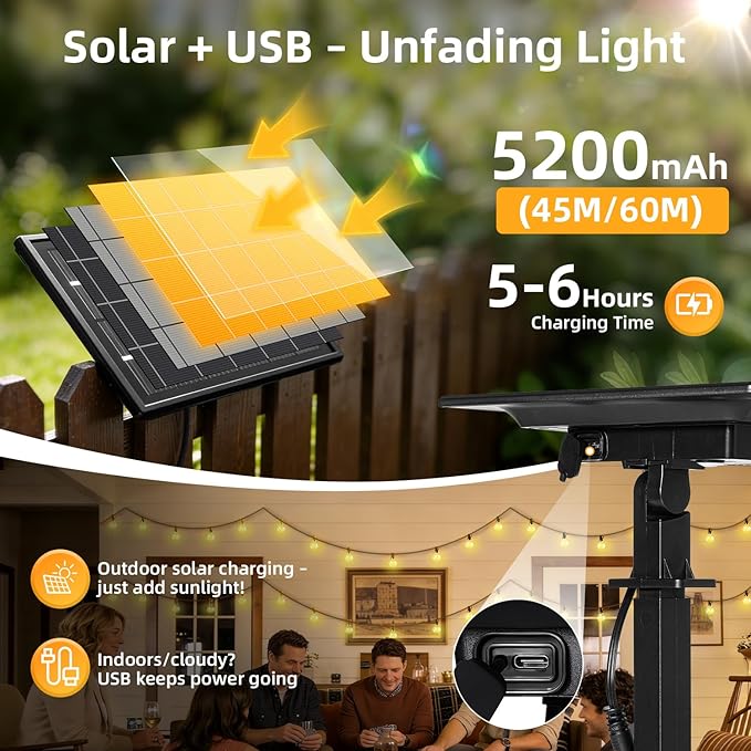 200FT Solar Lights Outdoor Waterproof: G40 60M Shatterproof Bulbs Patio Lights - Solar Powered Remote Control 3 Light Modes Dimmable Solar Light - Camping Backyard Garden Deck Outside Yard
