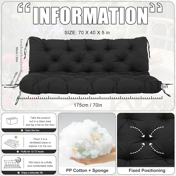 Porch Swing Cushions 3 Seater Replacement Thicken 5" Waterproof & Fade Resistant Swing Cushions for Outdoor Furniture Bench Patio Swing Cushion with Backrest & Ties(Black 70x40x5inch)
