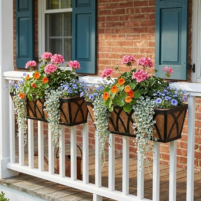 24 Inch Window Box Planter with Coco Liner for Hanging Outdoor Plants, 4 Pack Railing Planter Boxes with Adjustable Brackets for Balcony Deck Porch & Patio Garden Decor, Black
